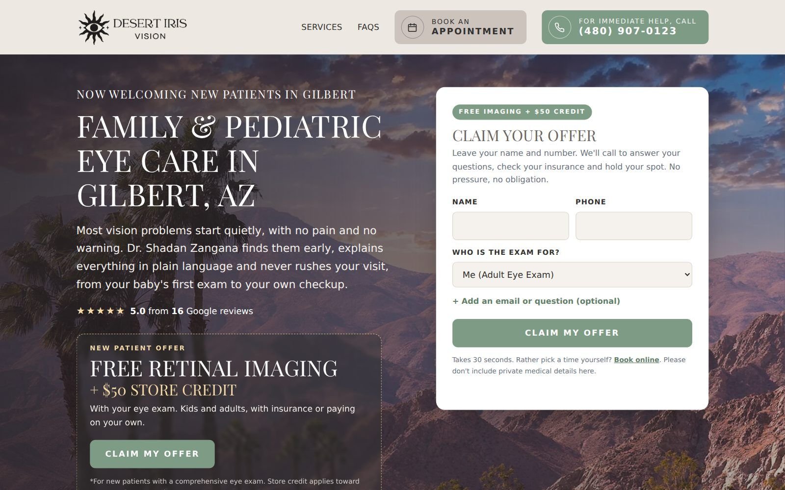 Desert Iris Vision, Landing page by Hillary Scott