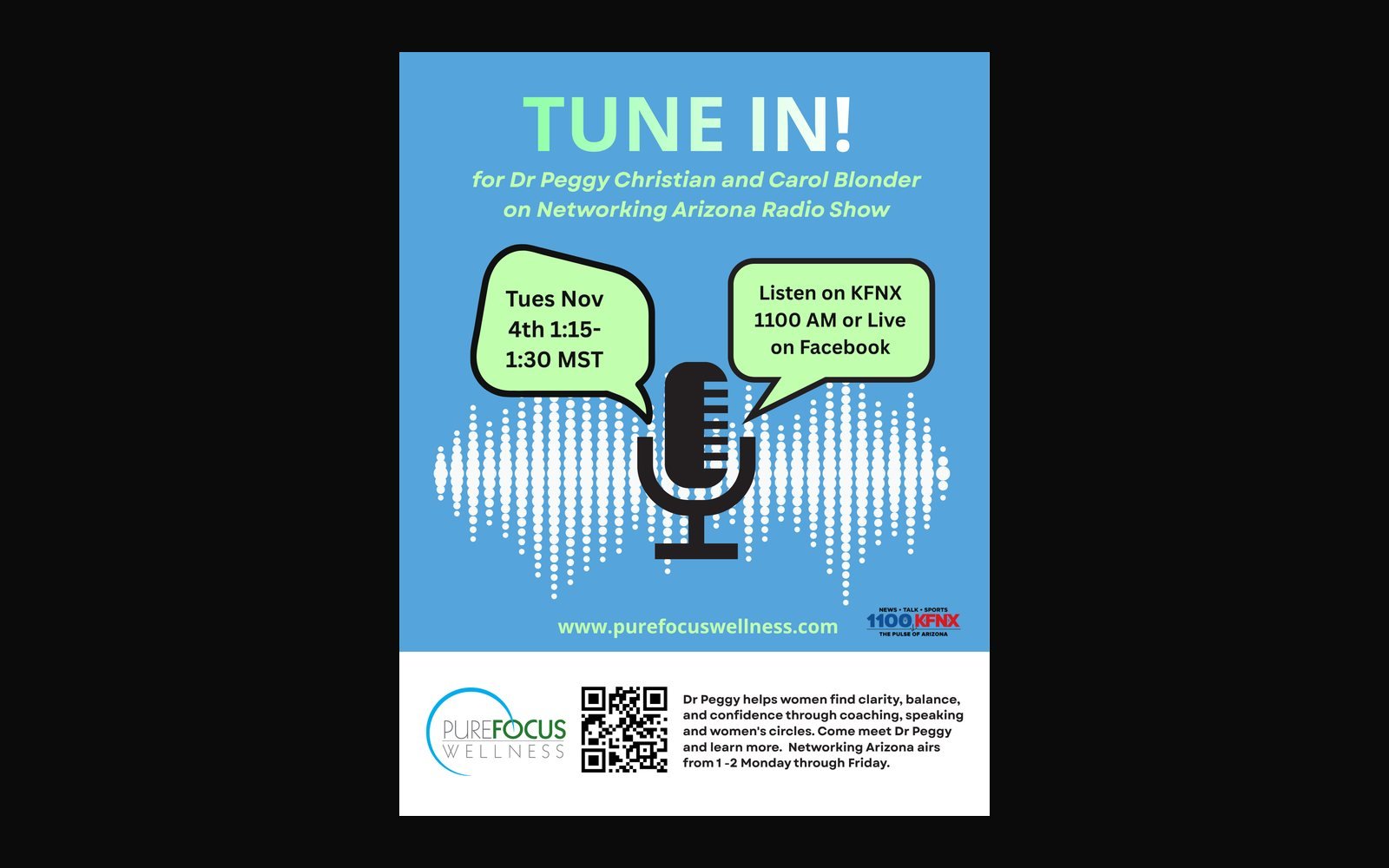 Pure Focus Wellness, Radio show flyer by Hillary Scott