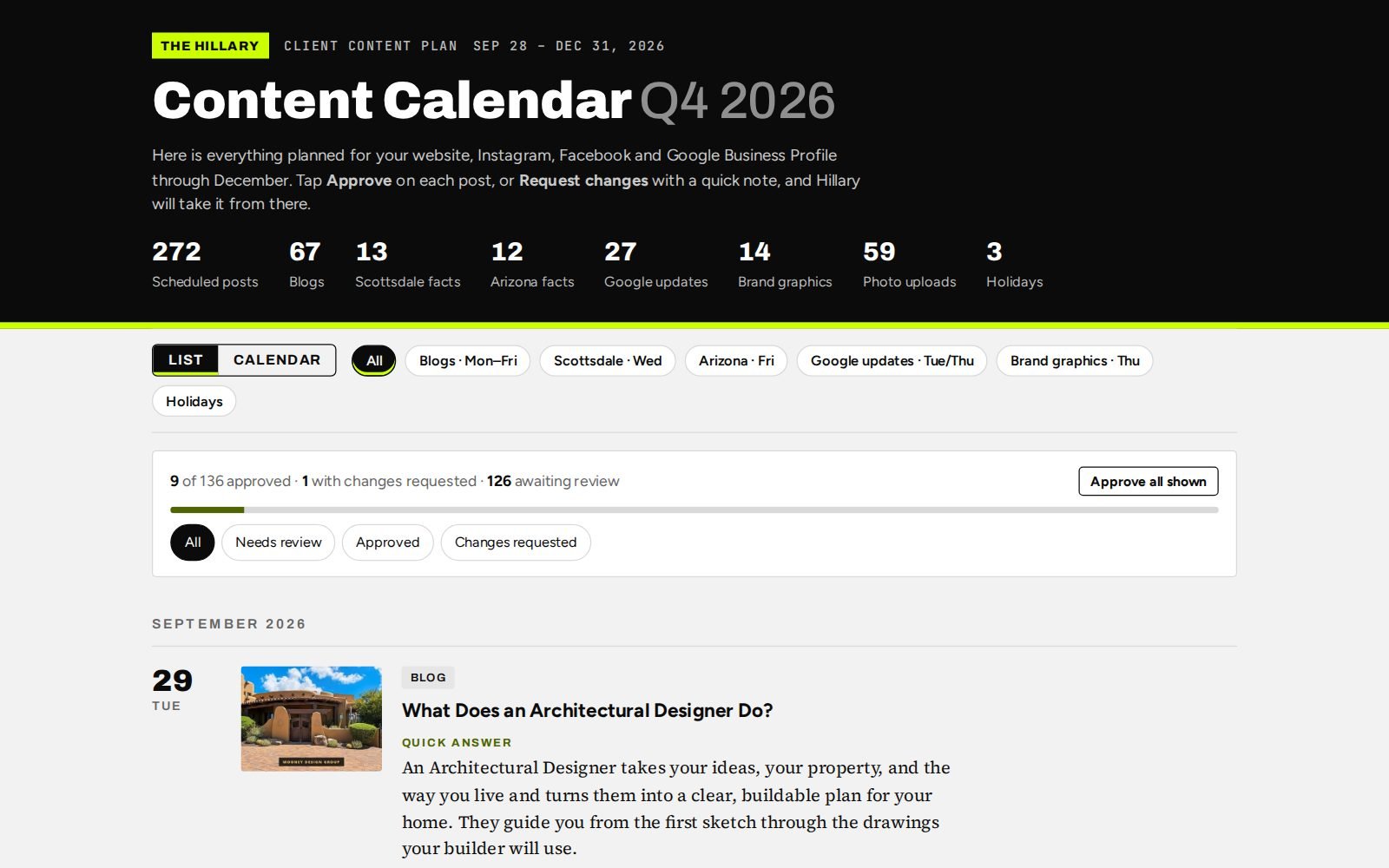 Content Calendar Dashboard, Content calendar & client approval by Hillary Scott